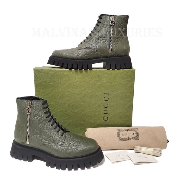 GUCCI BOOTS MENS ANKLE GREEN GG LOGO LEATHER ZIPPER LACE-UP sz 10 10.5 - Picture 6 of 16